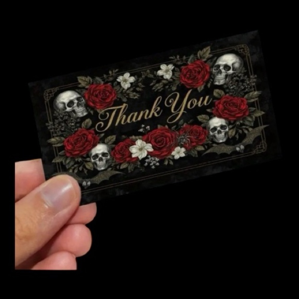 PRICE IS FIRM - Set of 25 Elegant Goth Black & Red Rose Skull ‘Thank You’ Card - Picture 1 of 3